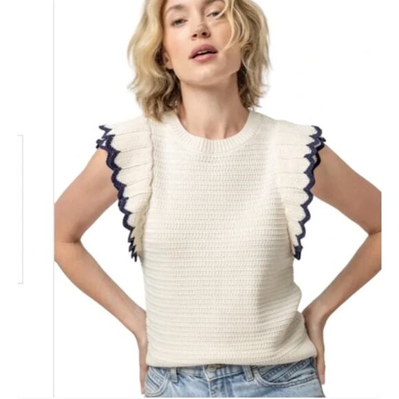 Lilla P Tipped Sleeve Crewneck Sweater, Ivory Sz M - Picture 1 of 5